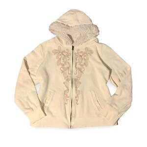 Y2K Cream Faux Fur Trim Boho Embroidered Zip Up Hoodie XL
